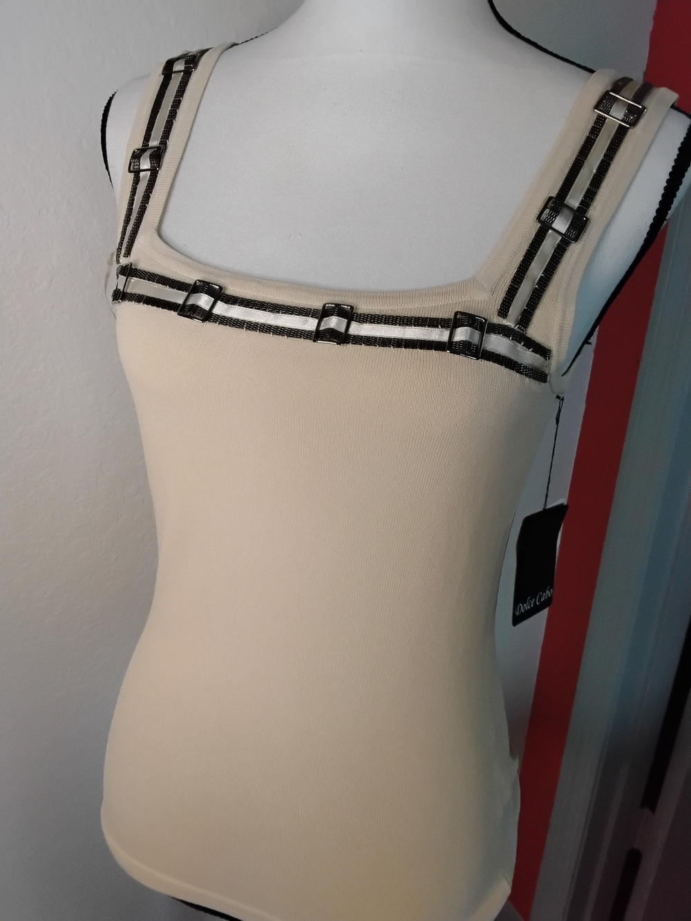 Dolce Cabo Cream Ribbed Square-Neck Tank with Black Trim